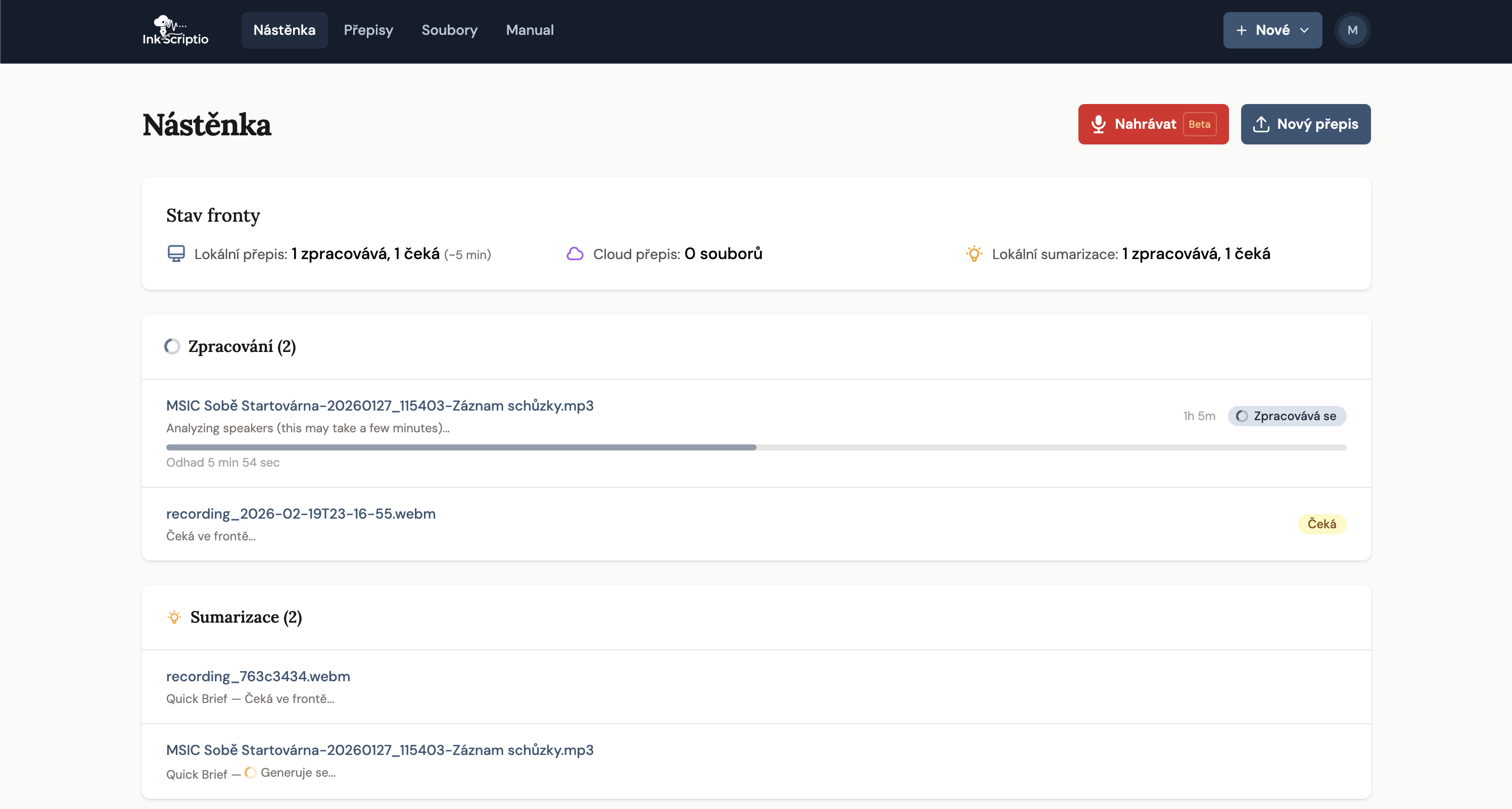 Dashboard — karty front a widget zpracování