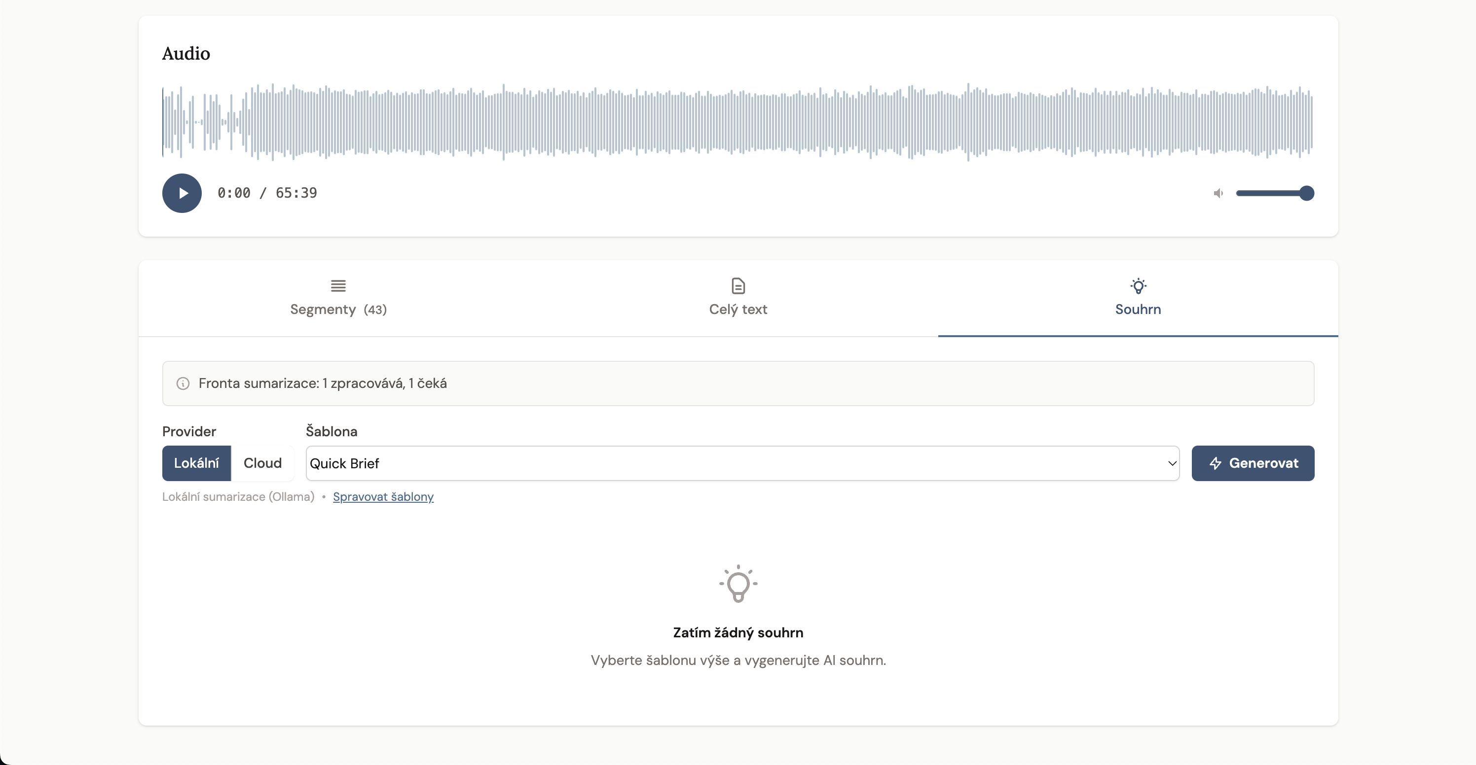 Stav fronty sumarizace v detailu přepisu