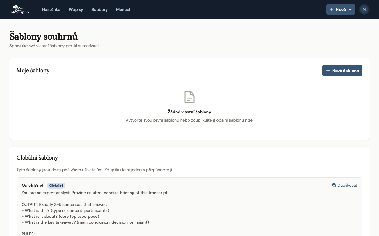 Správa šablon shrnutí