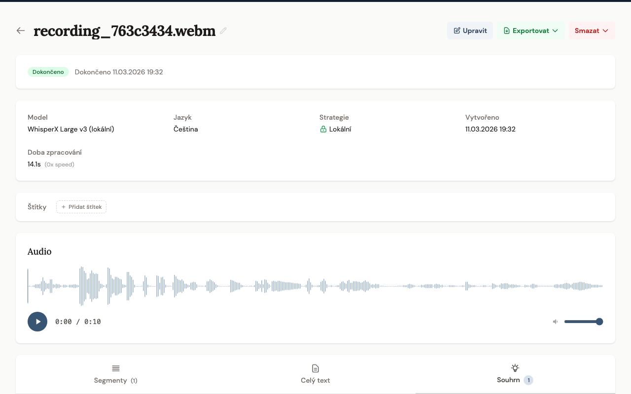 Záložka Shrnutí v detailu přepisu